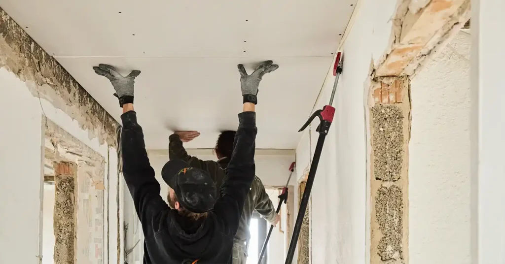 Altbewährt GmbH Trockenbau - Mitarbeiter bringen Rigipsplatten an der Decke an